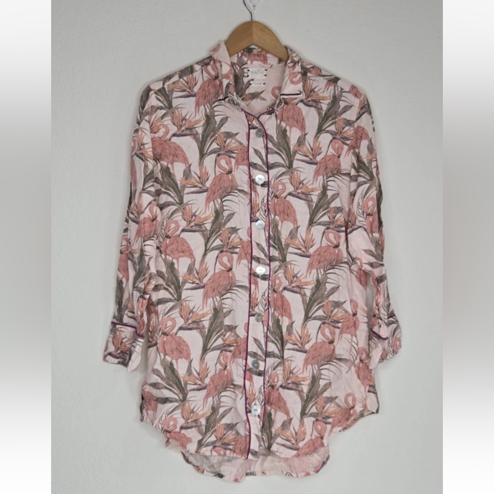 The Lazy Poet Sissy Flamingo Dreams Pink Shirt Dress Linen Pajamas Size S